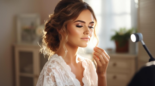 A bride in a sunlit room applying her makeup with tender strokes each brush bringing her closer to the aisle