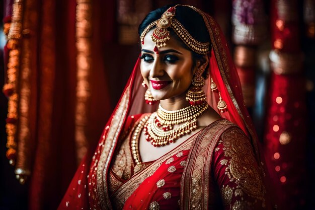 A bride in a traditional dress with a red veil