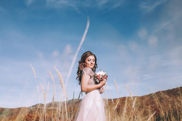 Bride walking on mountains