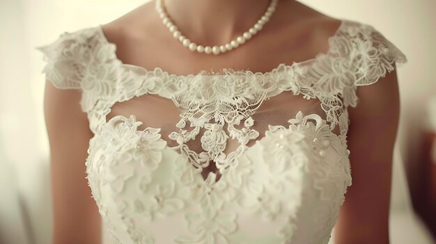정교 한 렌즈 세부 사항 과 진주 목걸이 를 가진 아름다운 색 웨딩 드레스 를 입은 신부
