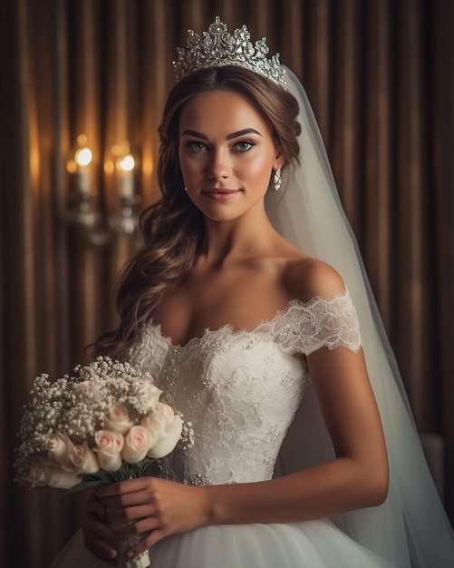 Bride wearing a tiara and holding a bouquet of roses