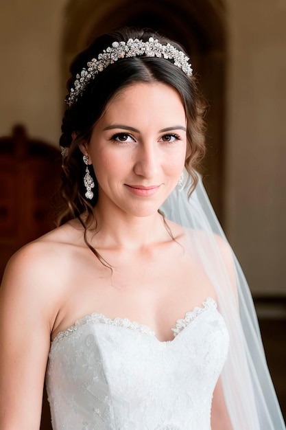 A bride wearing a tiara with the word love on it