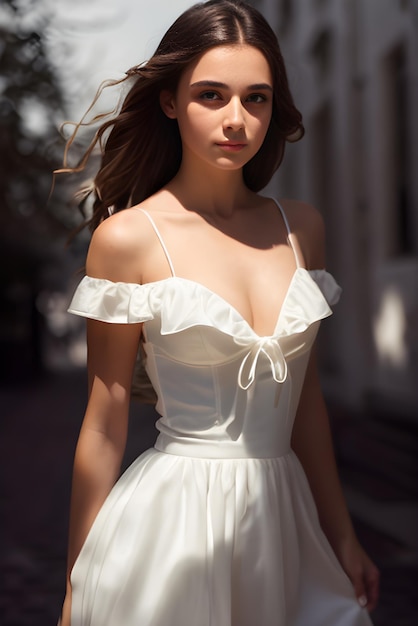 袖にフリルが付いた白いウェディングドレスを着た花嫁