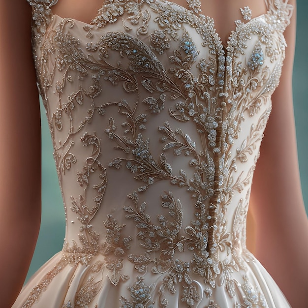 A bride wears a wedding dress with beaded detailing.