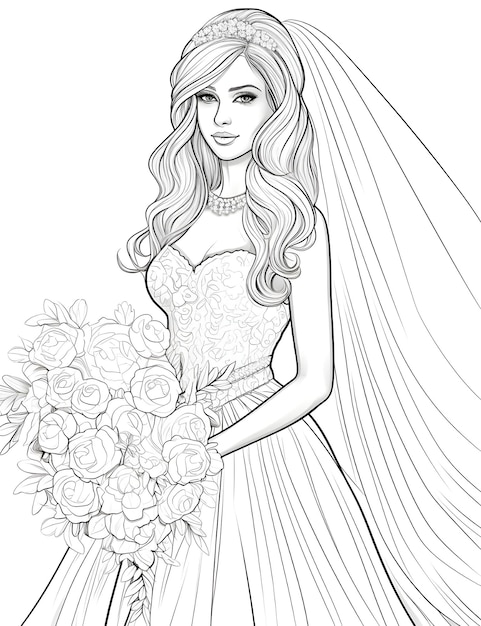 Photo bride wedding dress coloring page for adults