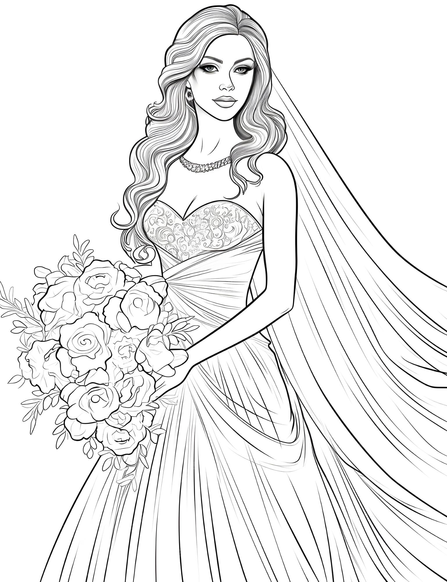 Premium Photo | Bride wedding dress coloring page for adults