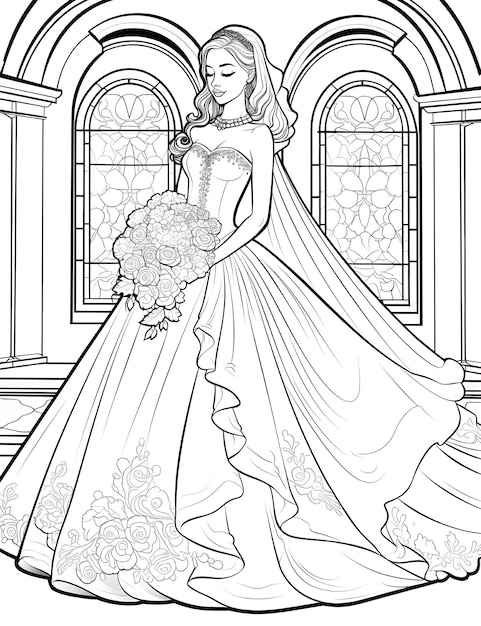 Premium Photo | Bride wedding dress coloring page for adults