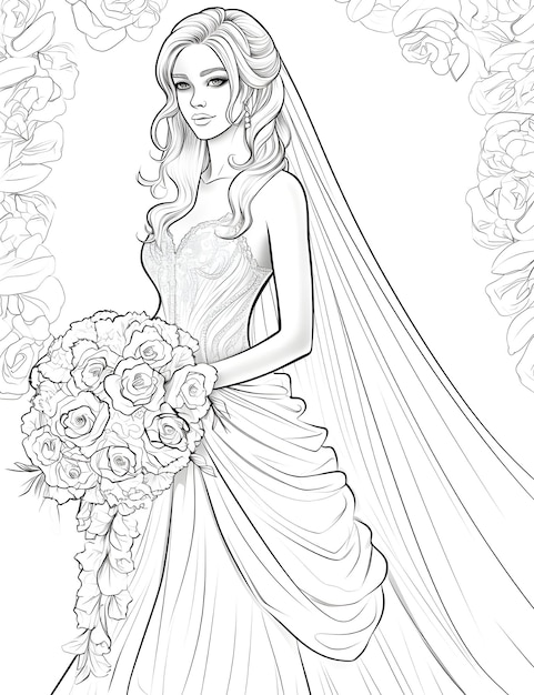 Premium Photo | Bride wedding dress coloring page for adults