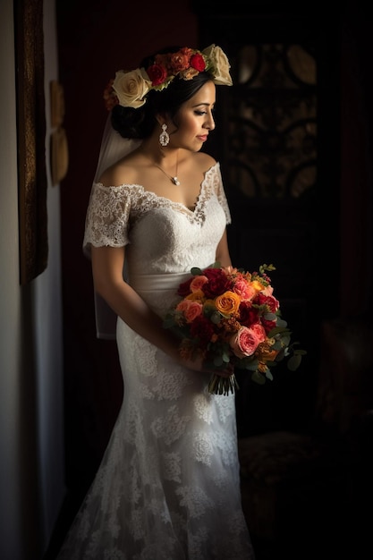 Bride in a wedding dress holding a bouquet of flowers