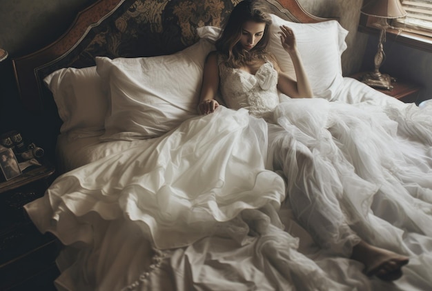 Photo a bride in a wedding dress lies on a bed.