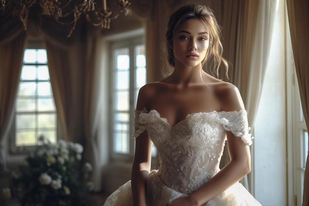 A bride in a wedding dress sits in a window