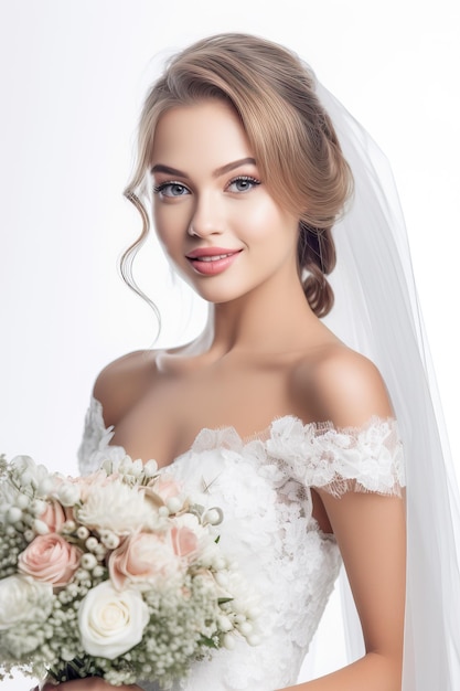 A bride in a wedding dress with a bouquet of roses