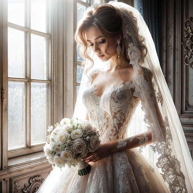 невеста в свадебном платье с завесой на голове