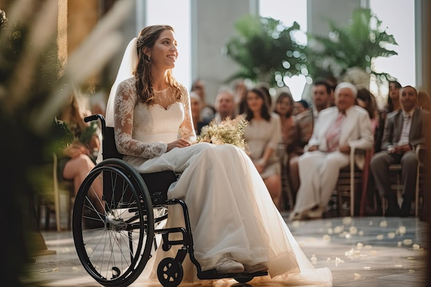 Bride in wheelchair during wedding ceremony