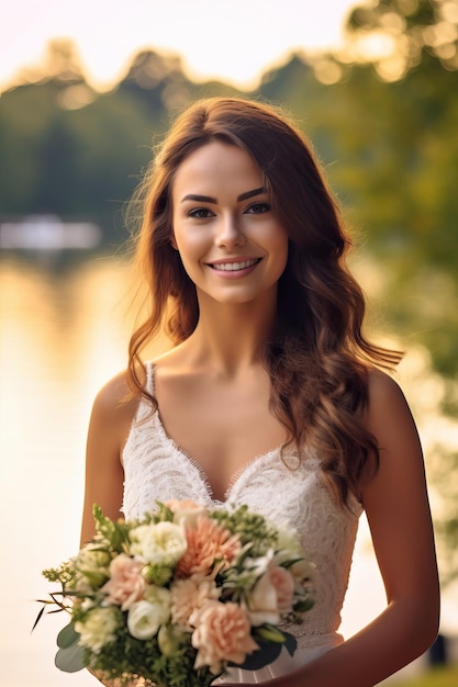 A bride in a white dress holds a bouquet of flowers.