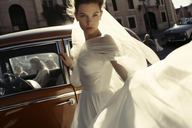 Bride in white dress near the car on the street Beautiful illustration picture Generative AI