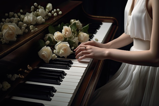 Невеста в белом платье играет на пианино.