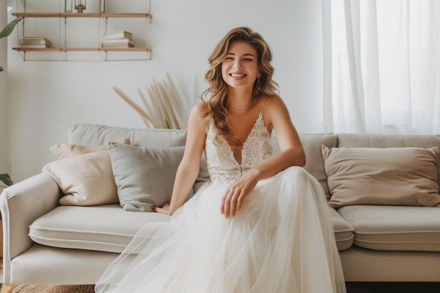 Photo a bride in a white dress sits on a couch in a living room