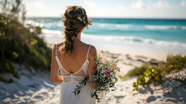 Bride in white dress standing on white sand beach back view