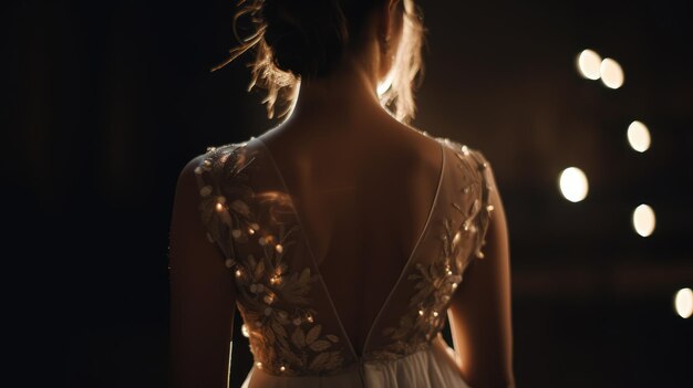 A bride in a white dress stands in front of a black background.