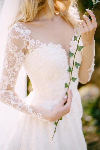 Bride in a white dress with an ivy twig in her hands