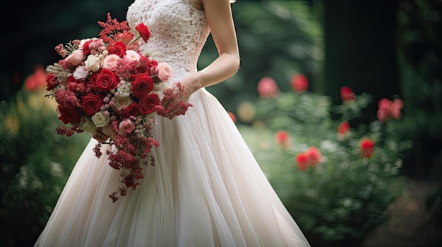白いウェディングドレスを着た新婦が花束を握っている