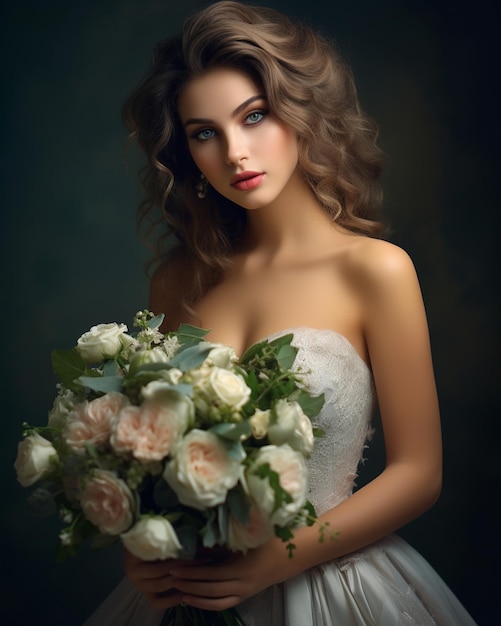 Bride in White Wedding Dress with Bouquet