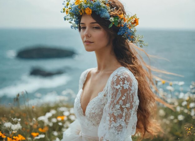 写真 海の背景に花束と野生の花束を飾った花嫁