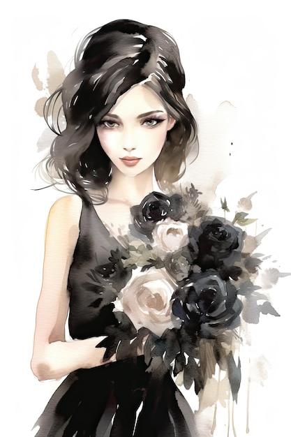 bride with black roses wedding bouquet watercolor