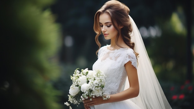 bride with a bouquet of white roses