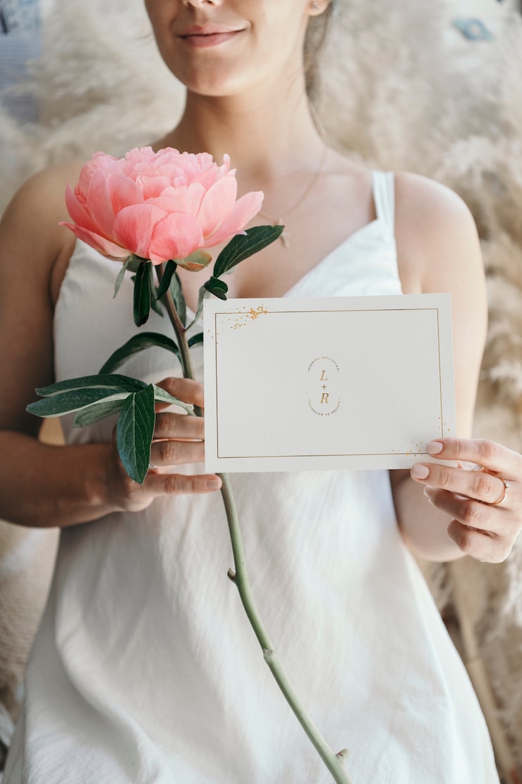 Photo bride with a coral sunset peony and a wedding invite