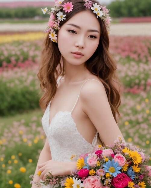 A bride with a flower crown in a field