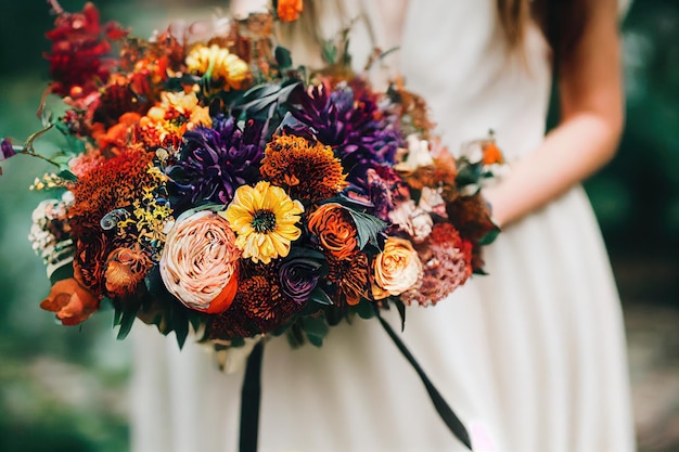 結婚式の花のブーケを持つ花嫁は、愛とロマンスのコンセプトの背景 d レンダリング デジタルとしてクローズ アップ