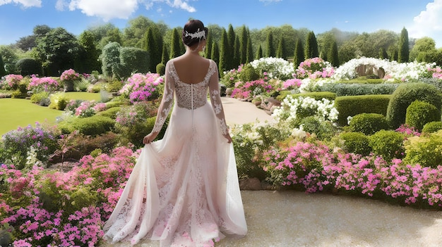 AIによるジェネレーティブアートで庭に立つ白いドレスの花嫁女性