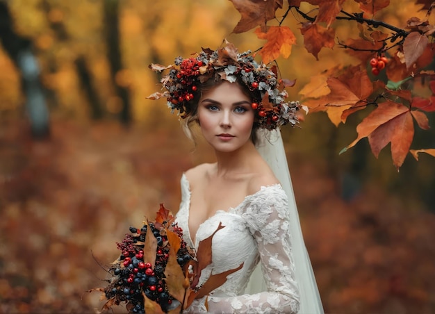 秋の風景を背景に秋の葉とベリーの花束をかぶった花嫁