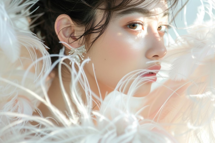 Photo 新娘的美麗肖像在時尚婚禮禮服上有羽毛