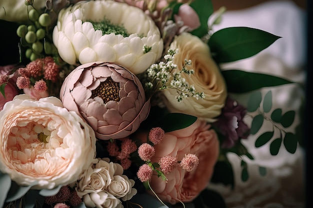 Brides bouquet with wedding flowers up close Close up sharp focus no one objects decoration