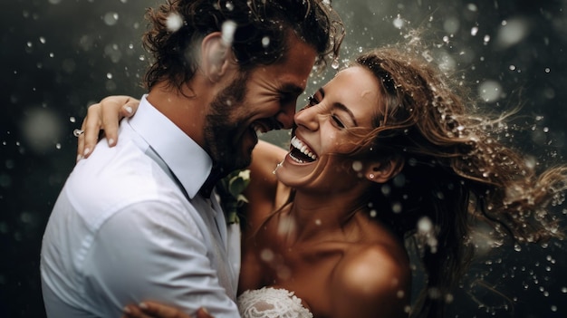 Brides and grooms smiling with water drops thrown