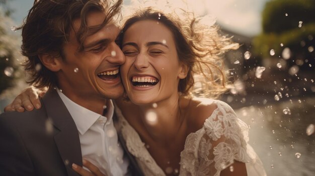 Photo brides and grooms smiling with water drops thrown