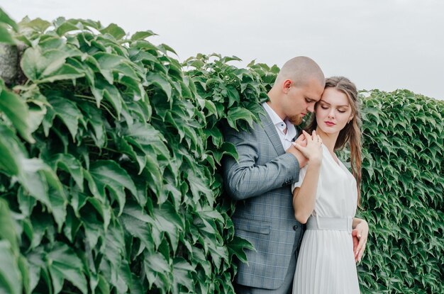 brides hugging near green leaves