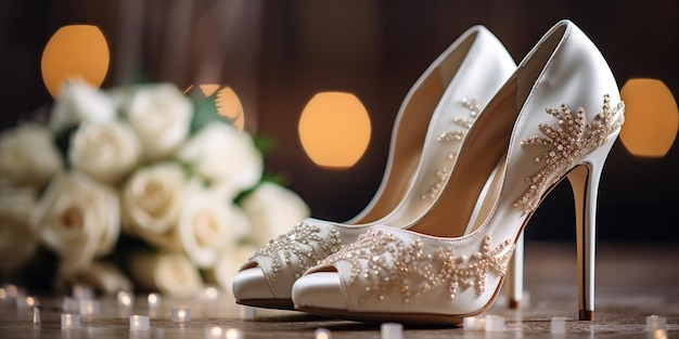 Brides shoes and bouquet of flowers on a table with candles generative ai