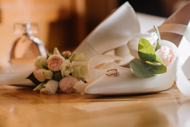 Brides shoes with decoration on wedding day preparation