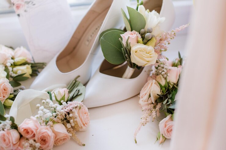 花嫁の結婚式のアクセサリーは、フラットレイの結婚式の日に花束と招待状を鳴らします