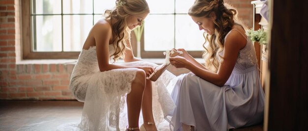 写真 花嫁が優雅な靴を履くのを助ける花嫁