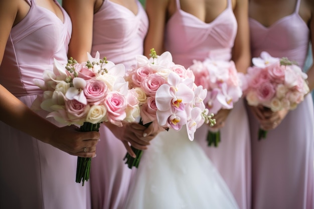 단체 결혼식에서 분홍색과 흰색 꽃다발을 들고 있는 신부 들러리들 결혼식 파티 예식 사진 결혼식 날 꽃다발을 들고 있는 신부와 신부 들러리들의 결혼식 꽃 AI 생성