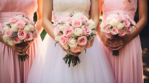 Bridesmaids in pink dresses and bride holding beautiful bouquets Beautiful luxury wedding blog concept Summer wedding