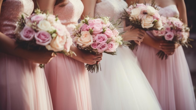 Bridesmaids in pink dresses and bride holding beautiful bouquets Beautiful luxury wedding blog concept Summer wedding