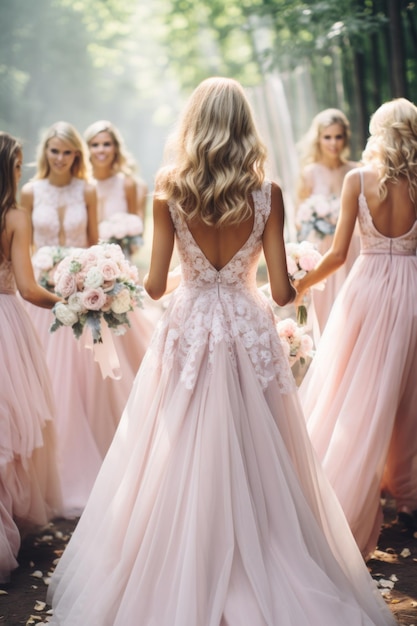 ピンクのドレスを着た花嫁と美しい花束を握っている花嫁