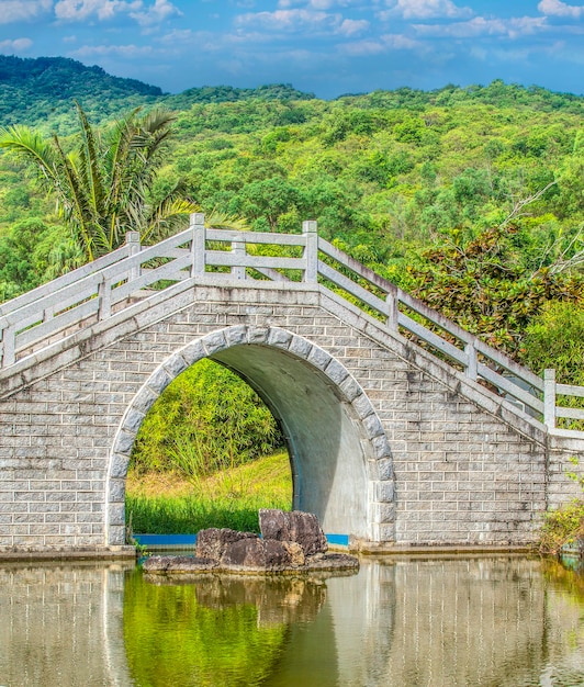 写真 夏の中国庭園の池を横断する橋