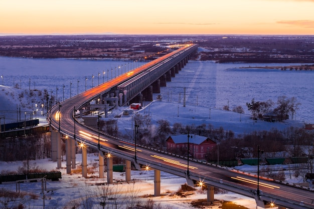 Bridge over Amur river in Khabarovsk, Russia in winter